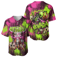 Nevada Area 51 Bull Skull Alien UFO Baseball Jersey Vibrant Pink Lime Paint Drip Graffiti Street Art Style