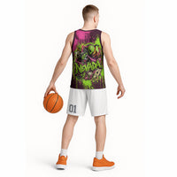 Nevada Area 51 Bull Skull Alien UFO Basketball Jersey Vibrant Pink Lime Paint Drip Graffiti Street Art Style