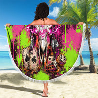 Nevada Area 51 Bull Skull Alien UFO Beach Blanket Vibrant Pink Lime Paint Drip Graffiti Street Art Style
