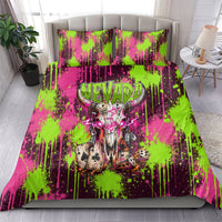 Nevada Area 51 Bull Skull Alien UFO Bedding Set Vibrant Pink Lime Paint Drip Graffiti Street Art Style