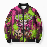 Nevada Area 51 Bull Skull Alien UFO Bomber Puffer Jacket Vibrant Pink Lime Paint Drip Graffiti Street Art Style