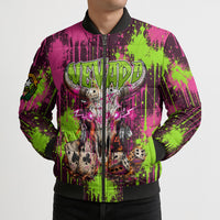 Nevada Area 51 Bull Skull Alien UFO Bomber Puffer Jacket Vibrant Pink Lime Paint Drip Graffiti Street Art Style