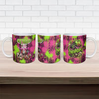Nevada Area 51 Bull Skull Alien UFO Ceramic Mug Vibrant Pink Lime Paint Drip Graffiti Street Art Style