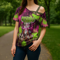 Nevada Area 51 Bull Skull Alien UFO Cross Shoulder Shirt Vibrant Pink Lime Paint Drip Graffiti Street Art Style