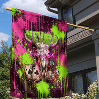 Nevada Area 51 Bull Skull Alien UFO Garden Flag Vibrant Pink Lime Paint Drip Graffiti Street Art Style
