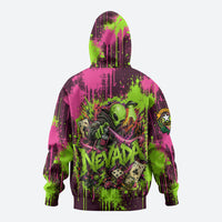 Nevada Area 51 Bull Skull Alien UFO Hoodie Vibrant Pink Lime Paint Drip Graffiti Street Art Style
