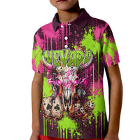 Nevada Area 51 Bull Skull Alien UFO Kid Polo Shirt Vibrant Pink Lime Paint Drip Graffiti Street Art Style