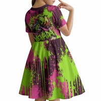 Nevada Area 51 Bull Skull Alien UFO Kid Short Sleeve Dress Vibrant Pink Lime Paint Drip Graffiti Street Art Style