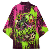 Nevada Area 51 Bull Skull Alien UFO Kimono Vibrant Pink Lime Paint Drip Graffiti Street Art Style