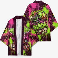 Nevada Area 51 Bull Skull Alien UFO Kimono Vibrant Pink Lime Paint Drip Graffiti Street Art Style