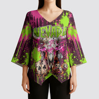 Nevada Area 51 Bull Skull Alien UFO Kimono Sleeve Blouse Vibrant Pink Lime Paint Drip Graffiti Street Art Style