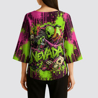 Nevada Area 51 Bull Skull Alien UFO Kimono Sleeve Blouse Vibrant Pink Lime Paint Drip Graffiti Street Art Style