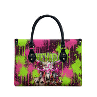 Nevada Area 51 Bull Skull Alien UFO Leather Bag Vibrant Pink Lime Paint Drip Graffiti Street Art Style