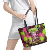 Nevada Area 51 Bull Skull Alien UFO Leather Tote Bag Vibrant Pink Lime Paint Drip Graffiti Street Art Style