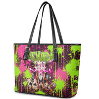 Nevada Area 51 Bull Skull Alien UFO Leather Tote Bag Vibrant Pink Lime Paint Drip Graffiti Street Art Style