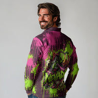 Nevada Area 51 Bull Skull Alien UFO Long Sleeve Polo Shirt Vibrant Pink Lime Paint Drip Graffiti Street Art Style