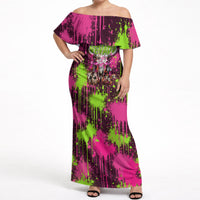 Nevada Area 51 Bull Skull Alien UFO Off Shoulder Maxi Dress Vibrant Pink Lime Paint Drip Graffiti Street Art Style