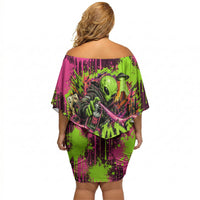 Nevada Area 51 Bull Skull Alien UFO Off Shoulder Short Dress Vibrant Pink Lime Paint Drip Graffiti Street Art Style