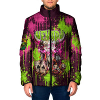 Nevada Area 51 Bull Skull Alien UFO Padded Jacket Vibrant Pink Lime Paint Drip Graffiti Street Art Style