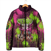 Nevada Area 51 Bull Skull Alien UFO Padded Jacket Vibrant Pink Lime Paint Drip Graffiti Street Art Style
