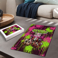 Nevada Area 51 Bull Skull Alien UFO Puzzle Vibrant Pink Lime Paint Drip Graffiti Street Art Style