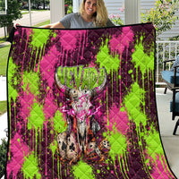 Nevada Area 51 Bull Skull Alien UFO Quilt Vibrant Pink Lime Paint Drip Graffiti Street Art Style
