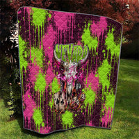 Nevada Area 51 Bull Skull Alien UFO Quilt Vibrant Pink Lime Paint Drip Graffiti Street Art Style