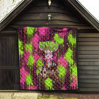 Nevada Area 51 Bull Skull Alien UFO Quilt Vibrant Pink Lime Paint Drip Graffiti Street Art Style