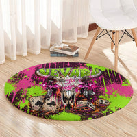 Nevada Area 51 Bull Skull Alien UFO Round Carpet Vibrant Pink Lime Paint Drip Graffiti Street Art Style