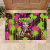 Nevada Area 51 Bull Skull Alien UFO Rubber Doormat Vibrant Pink Lime Paint Drip Graffiti Street Art Style