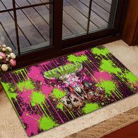 Nevada Area 51 Bull Skull Alien UFO Rubber Doormat Vibrant Pink Lime Paint Drip Graffiti Street Art Style
