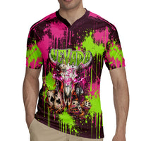 Nevada Area 51 Bull Skull Alien UFO Rugby Jersey Vibrant Pink Lime Paint Drip Graffiti Street Art Style