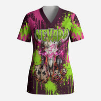 Nevada Area 51 Bull Skull Alien UFO Scrub Top Vibrant Pink Lime Paint Drip Graffiti Street Art Style