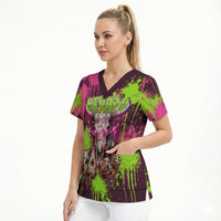 Nevada Area 51 Bull Skull Alien UFO Scrub Top Vibrant Pink Lime Paint Drip Graffiti Street Art Style