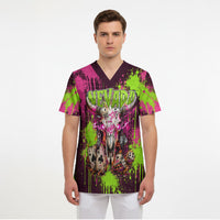 Nevada Area 51 Bull Skull Alien UFO Scrub Top Vibrant Pink Lime Paint Drip Graffiti Street Art Style