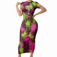 Nevada Area 51 Bull Skull Alien UFO Short Sleeve Bodycon Dress Vibrant Pink Lime Paint Drip Graffiti Street Art Style