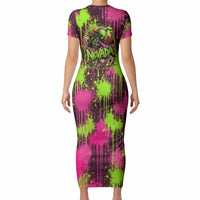 Nevada Area 51 Bull Skull Alien UFO Short Sleeve Bodycon Dress Vibrant Pink Lime Paint Drip Graffiti Street Art Style