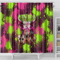 Nevada Area 51 Bull Skull Alien UFO Shower Curtain Vibrant Pink Lime Paint Drip Graffiti Street Art Style