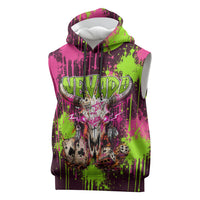 Nevada Area 51 Bull Skull Alien UFO Sleeveless Hoodie Vibrant Pink Lime Paint Drip Graffiti Street Art Style