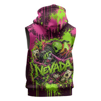 Nevada Area 51 Bull Skull Alien UFO Sleeveless Hoodie Vibrant Pink Lime Paint Drip Graffiti Street Art Style