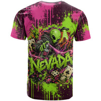 Nevada Area 51 Bull Skull Alien UFO T Shirt Vibrant Pink Lime Paint Drip Graffiti Street Art Style