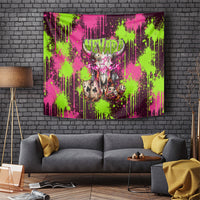 Nevada Area 51 Bull Skull Alien UFO Tapestry Vibrant Pink Lime Paint Drip Graffiti Street Art Style