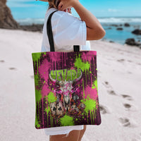 Nevada Area 51 Bull Skull Alien UFO Tote Bag Vibrant Pink Lime Paint Drip Graffiti Street Art Style