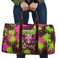 Nevada Area 51 Bull Skull Alien UFO Travel Bag Vibrant Pink Lime Paint Drip Graffiti Street Art Style