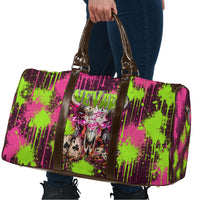 Nevada Area 51 Bull Skull Alien UFO Travel Bag Vibrant Pink Lime Paint Drip Graffiti Street Art Style