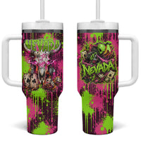 Nevada Area 51 Bull Skull Alien UFO Tumbler With Handle Vibrant Pink Lime Paint Drip Graffiti Street Art Style