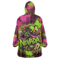 Nevada Area 51 Bull Skull Alien UFO Wearable Blanket Hoodie Vibrant Pink Lime Paint Drip Graffiti Street Art Style