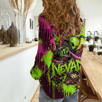 Nevada Area 51 Bull Skull Alien UFO Women Casual Shirt Vibrant Pink Lime Paint Drip Graffiti Street Art Style