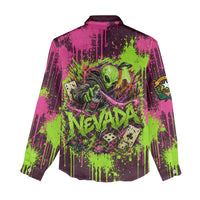 Nevada Area 51 Bull Skull Alien UFO Women Casual Shirt Vibrant Pink Lime Paint Drip Graffiti Street Art Style