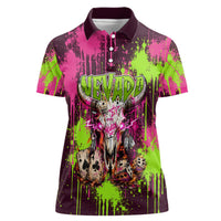 Nevada Area 51 Bull Skull Alien UFO Women Polo Shirt Vibrant Pink Lime Paint Drip Graffiti Street Art Style